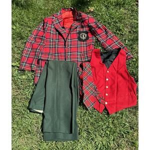 Rare Vintage Wool Tartan Red Plaid Scottish Men’s Suit 4 Piece Felt Patch